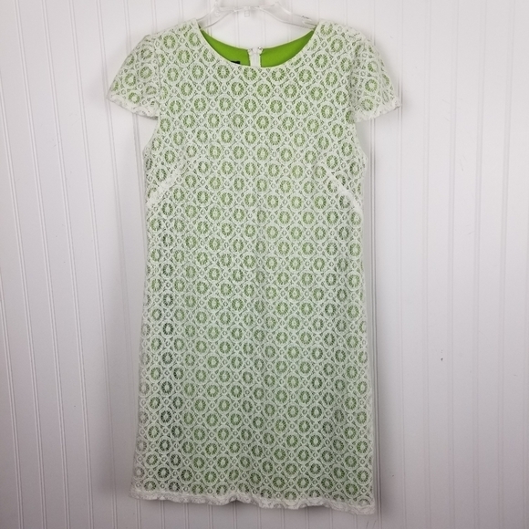 Suzi Chin Lace Overlay Cap Sleeve Mini Dress Cream Green Womens Size 6 Boho - Picture 7 of 7